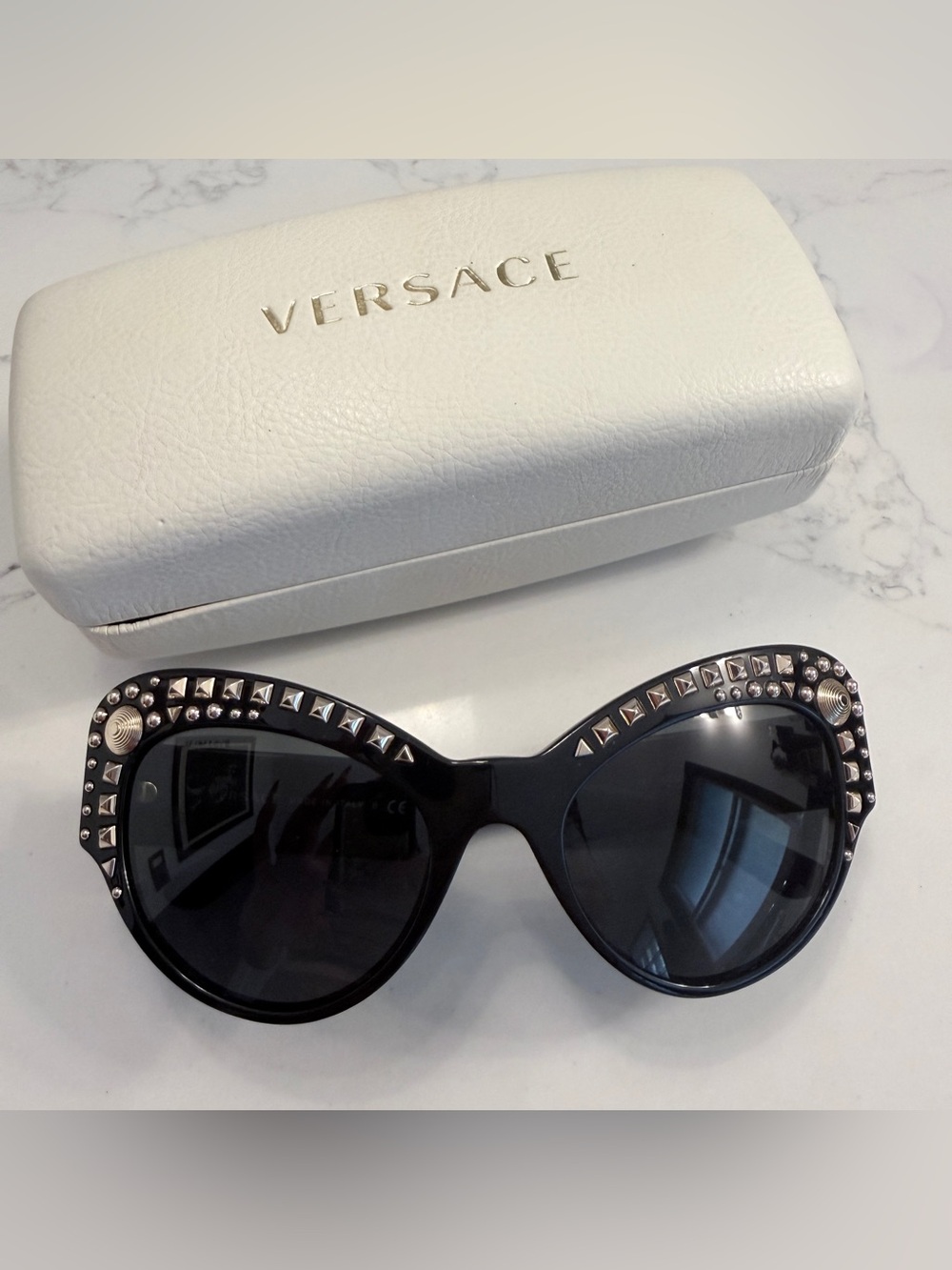 Versace Black Cat-Eye Sunglasses with Silver Stud Accents
